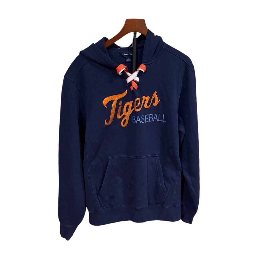 Sport-Tek Detroit Tigers Baseball Hoodie Navy Blue Lace Up Sweatshirt Medium EUC